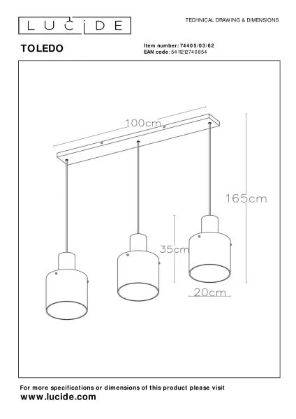 Lucide TOLEDO - Hanglamp - Ø 20 cm - 3xE27 - Amber - technisch
